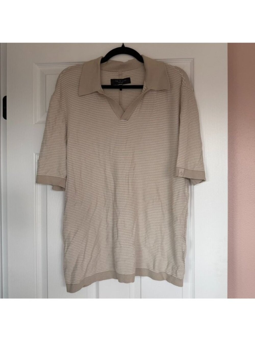 Rag and Bone Cotton Chevron Short Sleeve Beige Cream Polo Shirt Size XL